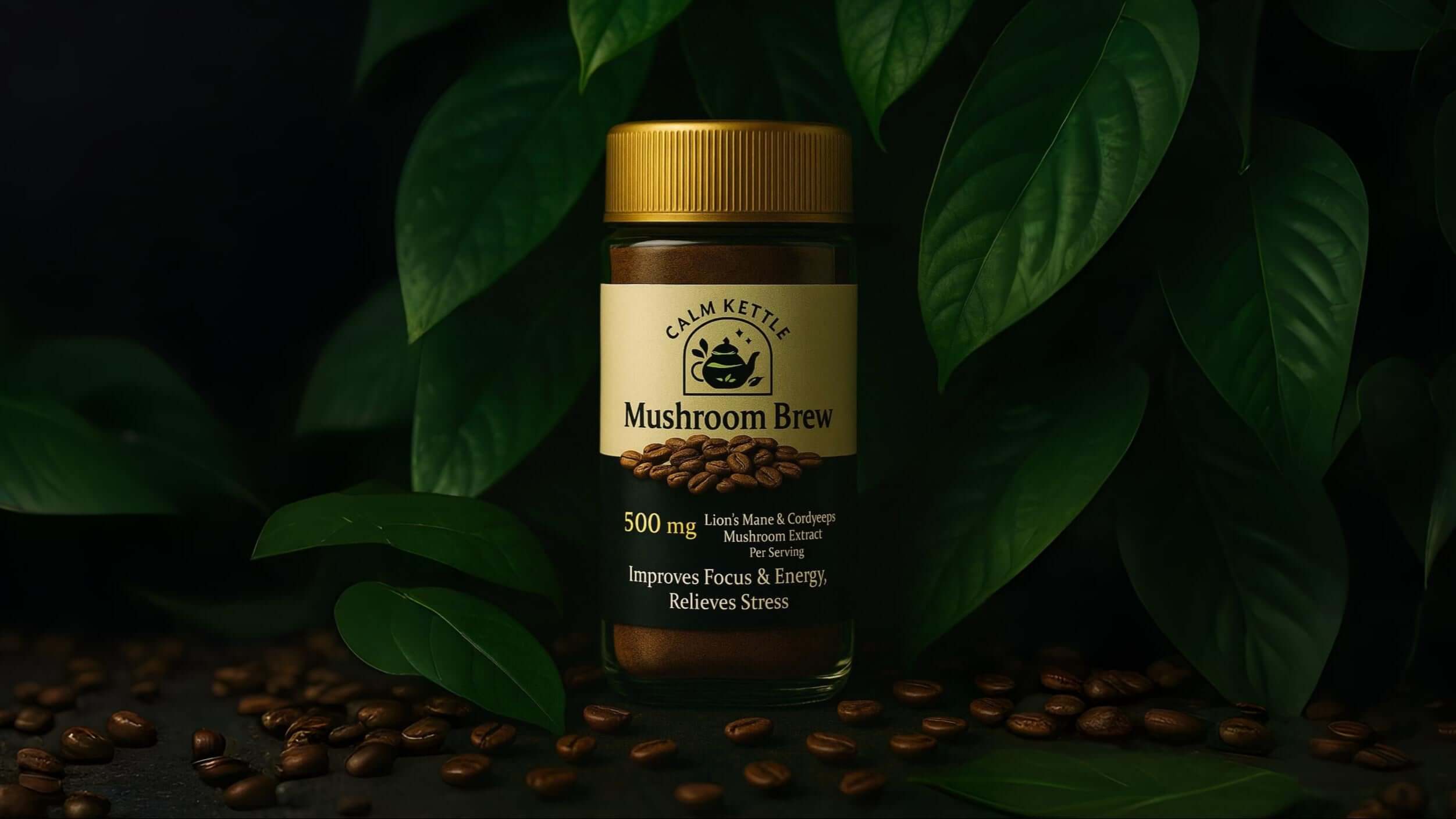 Mushroom Brew supplement bottle with leaves and seeds on a dark background