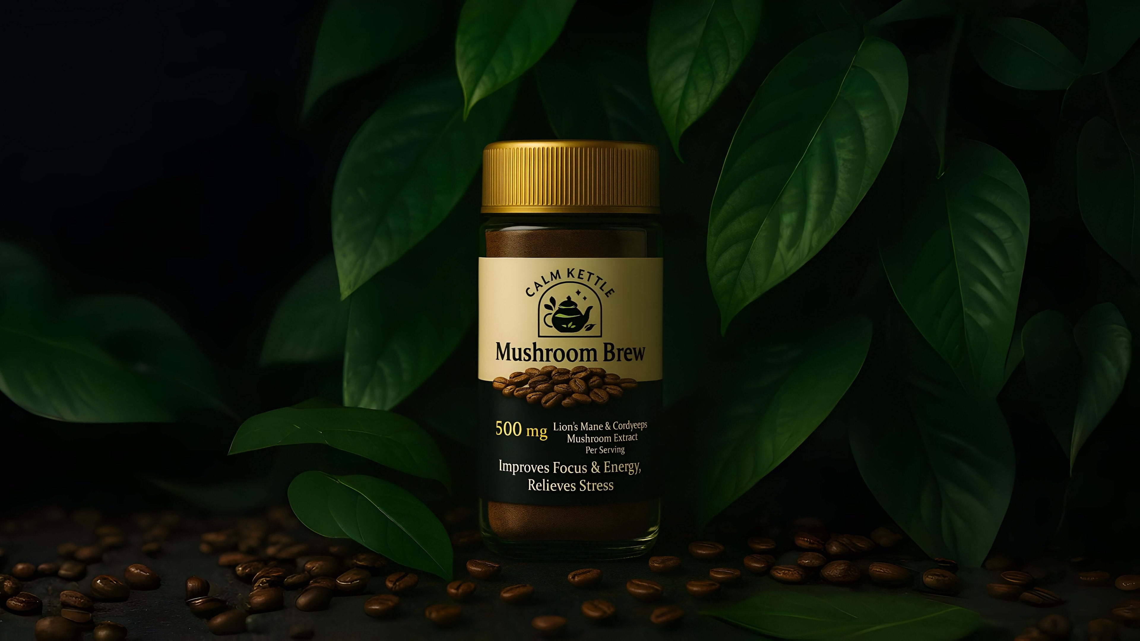 Mushroom Brew supplement bottle with leaves and seeds in the background